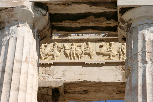 detail from sculptures in parthenon at acropolis of athens greece
