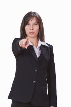 Businesswoman poiting her finger against a white background.Shot with Canon 70-200mm f/2.8L IS USM