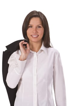 Image of a smiling brunette dressed casually in a white blouse. 