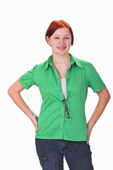 Image of a happy smilling redheaded girl against a white background.