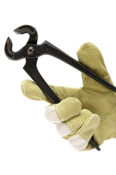 Gloved hand holding a working tool. Isolated on a white background.