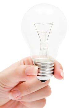 Woman holding a light bulb. Isolated on a white background.