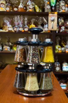 Different spices on the counter of market