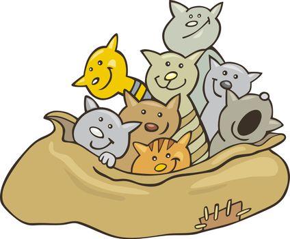 Cartoon illustration of cats in sack