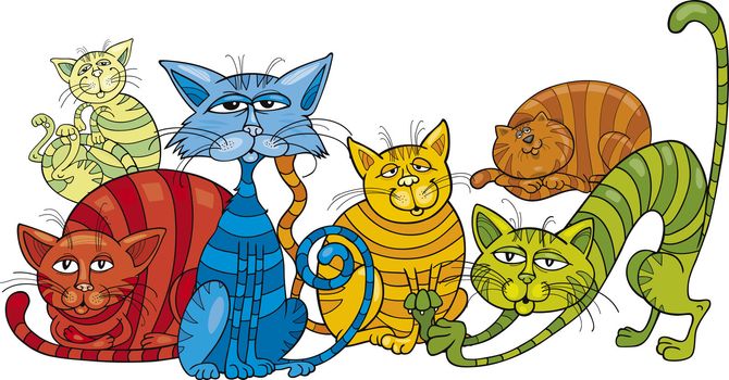 Cartoon illustration of funny color cats