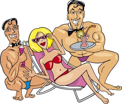 Illustration of happy woman on the beach with two handsome guys