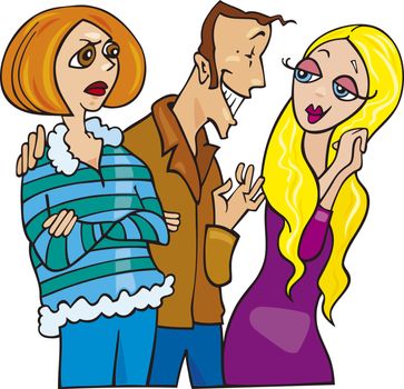 Cartoon illustration of man talking to cute blond girl and his jealous wife