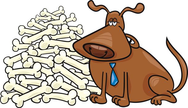 Cartoon illustration of happy dog with many bones