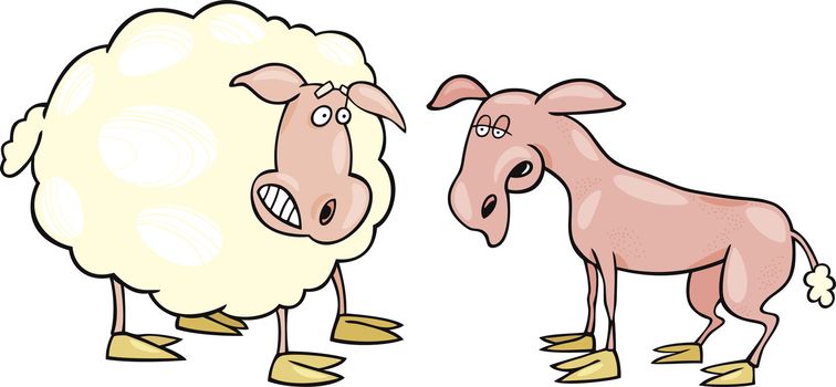 Illustration of frightened sheep and shaved one