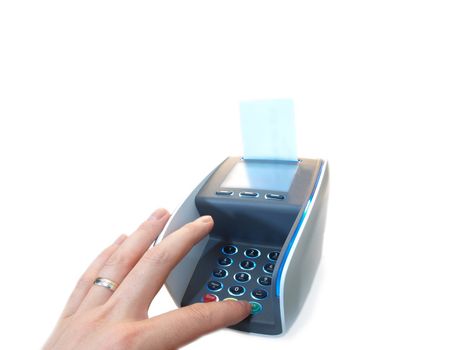 Payment terminal, with person pressing the green OK button, isolated towards white