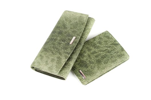 Modern green female wallets isolated on white background