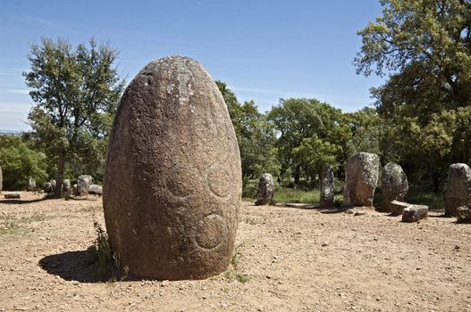 Decorated menhir in megalithic monument of Cromelech dos Almendres - Evora -Portugal