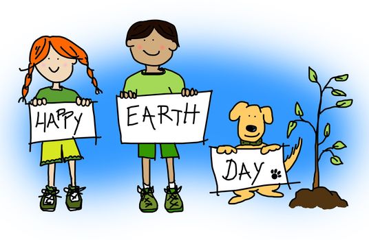 Green or ecological concept with large childlike cartoon of boy and girl kids and their dog holding up HAPPY EARTH DAY sign