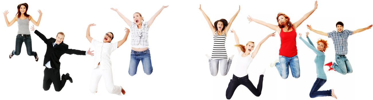 Jumping happy people, isolated on white background