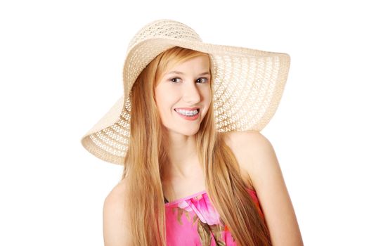 Summer woman in dress and hat , isolated on white