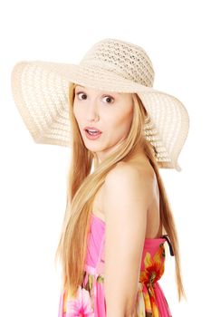 Summer woman in dress and hat , isolated on white