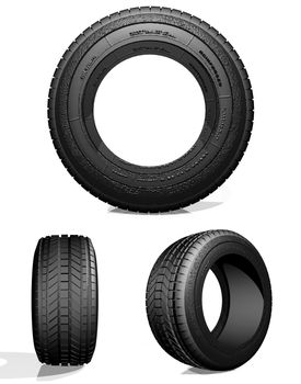 Automobile tire, the view from three sides on a light background, 3d image