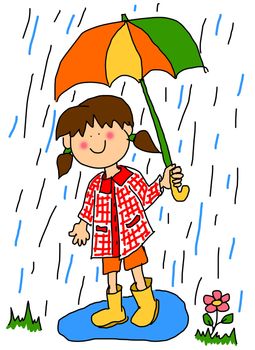 Large childlike cartoon character: little girl with a big smile holding an umbrella and playing in the rain by stepping into a puddle with her rubber boots.