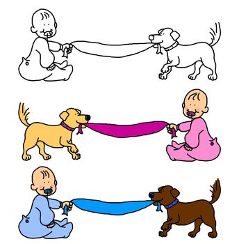 Cartoon illustration of baby boy or girl and dog pulling the blanket, with room for the message or announcement, choice of theme colors or blank for more options.