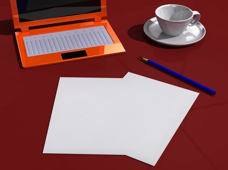 Red desk with papers, laptop, pencil and cup