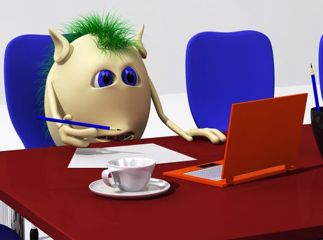 Puppet sitting behind red desk on blue chair