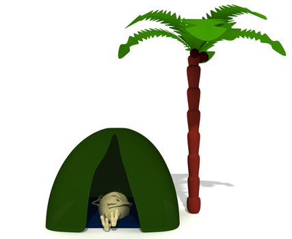 Puppet rest under green tent near high palm