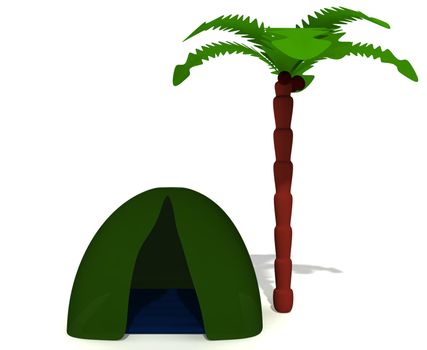 Green tent near high palm without sleeping puppet