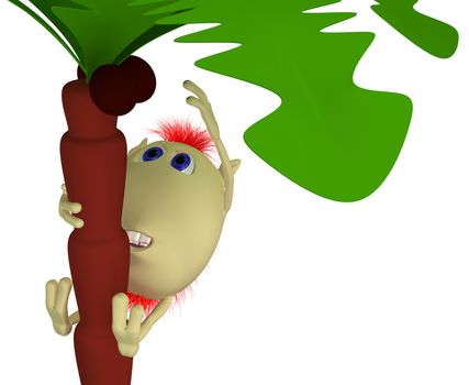 Puppet clims on high palm after brown coconut
