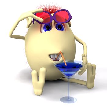 Puppet drinking blue colored cocktail by brown straw