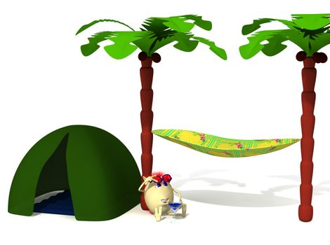 Puppet drinking blue colored cocktail under high palm