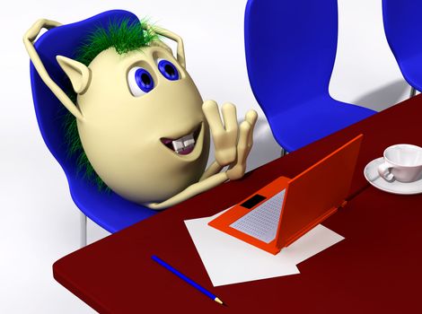 Puppet resting behind orange laptop on blue chair