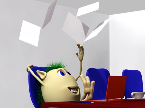 Puppet throwing white papers to air over itself