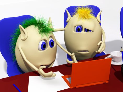 Two puppets looking at orange laptop with sorrow