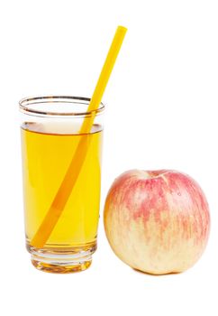 Fresh apple juice in a glass and red apple over white background