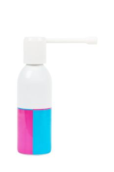 Macro view of medical spray bottle over white background