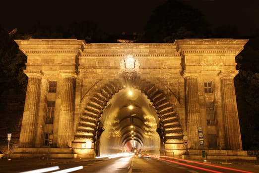 Adam Clark Tunnel with traffic lights in Budapest, Hungary