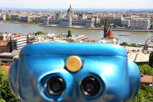 The parliament building with binoculars in Budapest, Hungary