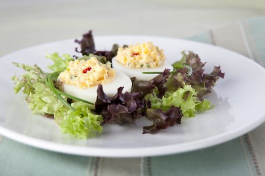 Gourmet deviled eggs in a bed of lettuce.