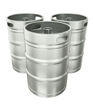 Three beer kegs over white background. 3D render