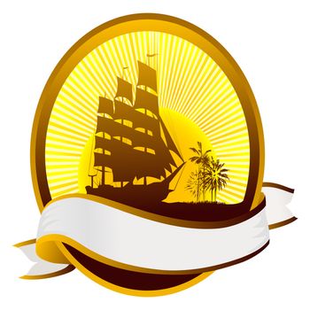 Summer tourism icon with ship silhouette, tropical island and banner for text.