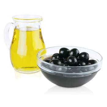 olives and olive oil over white background