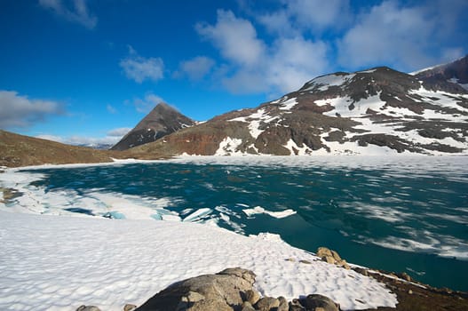 Lake covered by ice and surrounded by snowfields along the Nordkalottleden in Northern Norway in July (Selective Focus, Focus on the front)