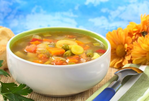 Fresh vegetable soup made of green bean, pea, carrot, potato, red bell pepper, tomato and leek in bowl with flowers in the back (Selective Focus, Focus on the vegetables in the middle of the soup)