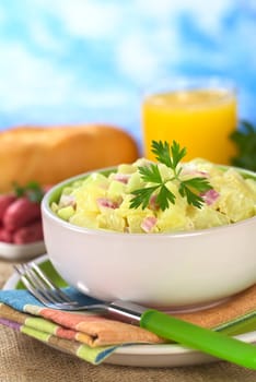 Potato salad made of cooked potatoes, red onions and cucumber, seasoned with a mayonnaise dressing and garnished with a parsley leaf (Selective Focus, Focus on the front of the salad and the leaf)