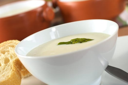 Cream of asparagus with a green asparagus head on top in a white bowl with baguette slices beside (Very Shallow Depth of Field, Focus on the asparagus head in the soup)