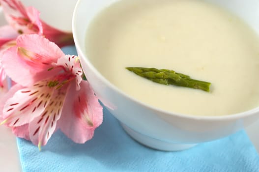 Cream of asparagus with a green asparagus head on top in a white bowl with a pink Inca Lily beside (Very Shallow Depth of Field, Focus on the asparagus head in the soup)