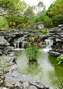chinese garden with flowing water