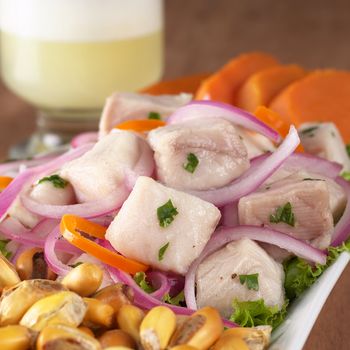 Peruvian-style ceviche made out of raw dogfish (Spanish: tollo), red onions and aji (Peruvian hot pepper) and served with roasted corn (cancha) and sweet potato with Pisco Sour (Peruvian traditional cocktail) in the back (Selective Focus, Focus on the front of the fish)
