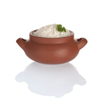 Cooked white rice served in a rustic bowl with parsley on top as garnish