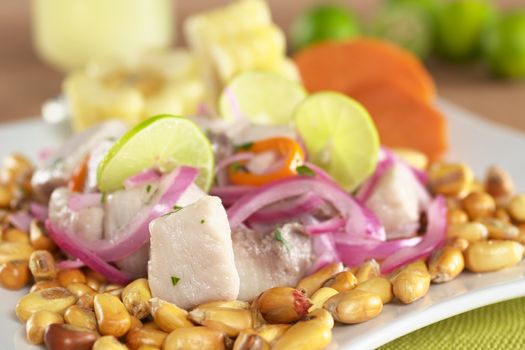 Peruvian-style ceviche made out of raw mahi-mahi fish (Spanish: perico), red onions, limes and aji (Peruvian hot pepper) and served with roasted corn (cancha) and cooked corn cob as well as cooked sweet potato (Selective Focus, Focus on the front of the fish)